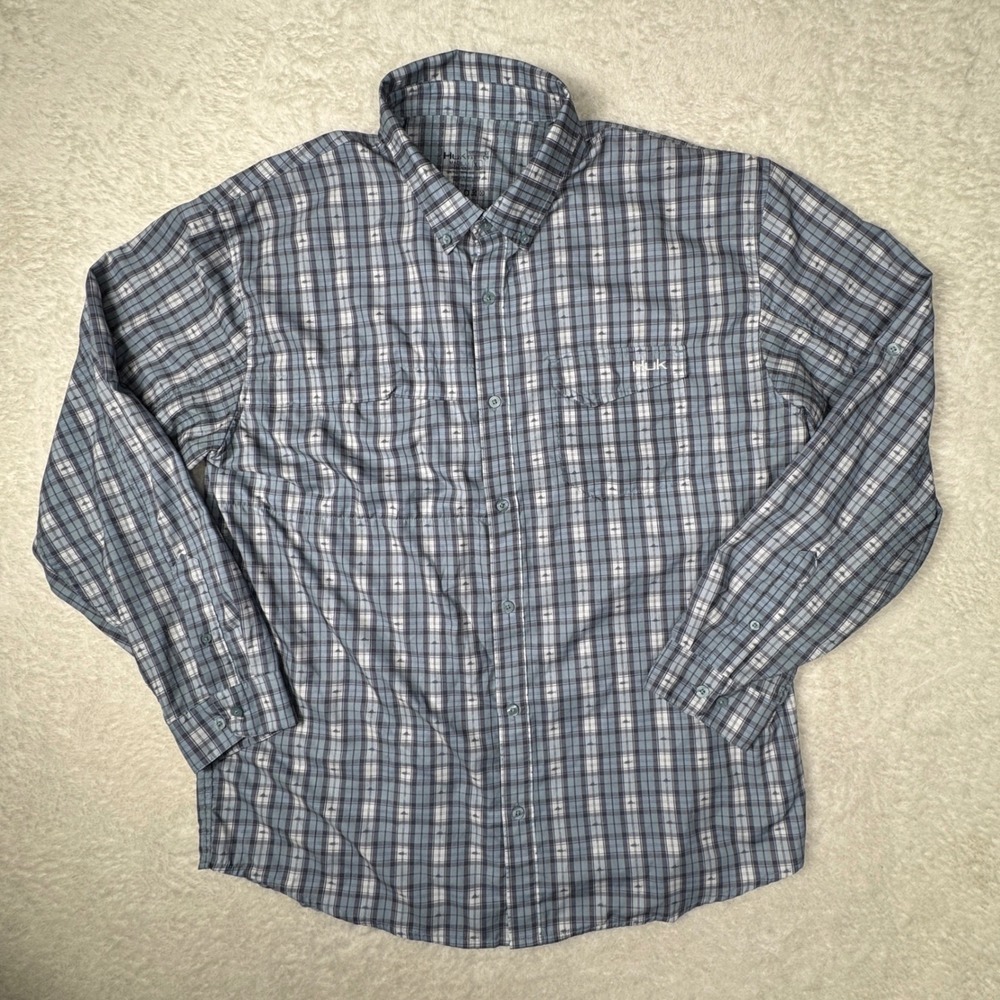 Huk Fishing Shirt Mens XL‎ Blue Plaid LS Button Up Performance Camp Outdoors